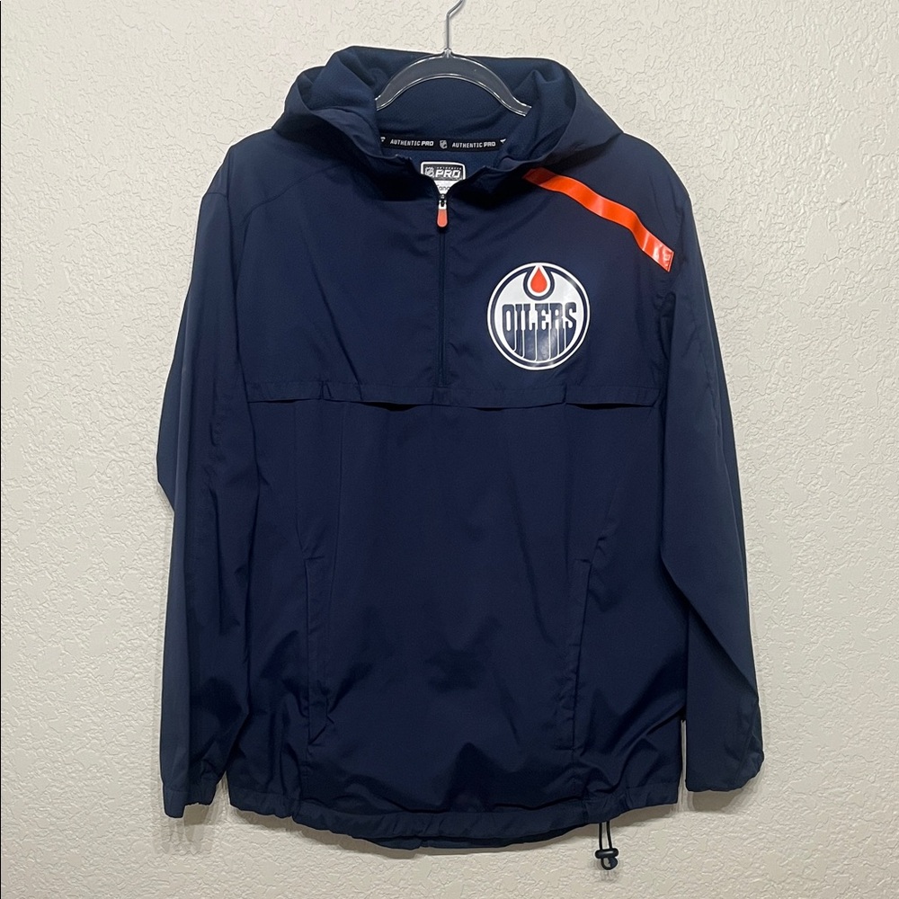 Fanatics NHL Authentic PRO Navy Blue Quarter-Zip OILERS hooded Windbreaker